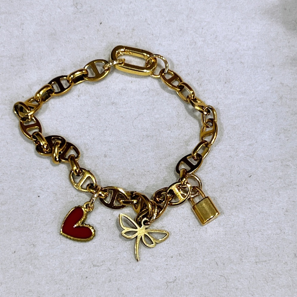 Gold Charm Bracelet with Heart, Lock and Dragonfly